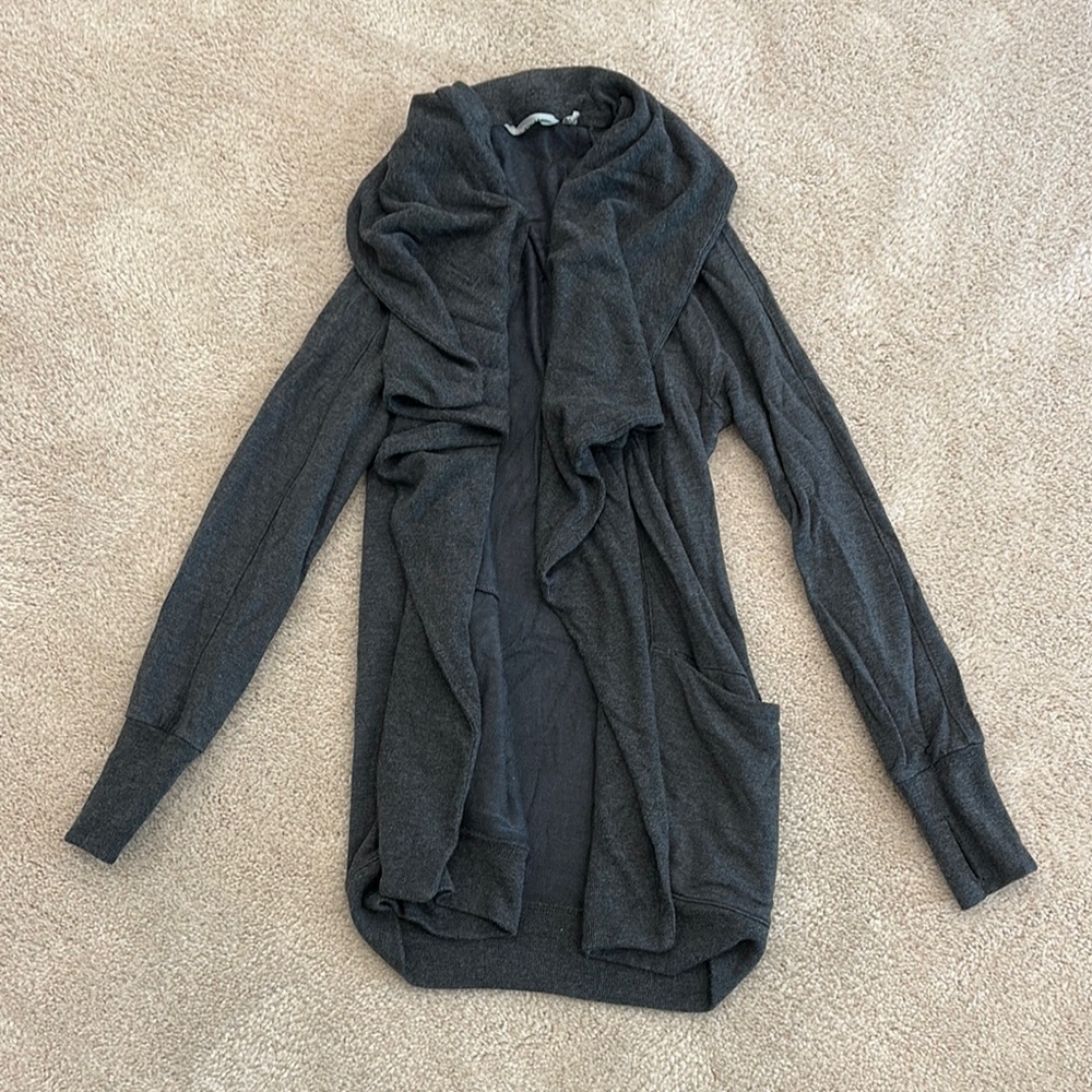 Athleta Gray Cardigan Sweater with Hood and Draped Design